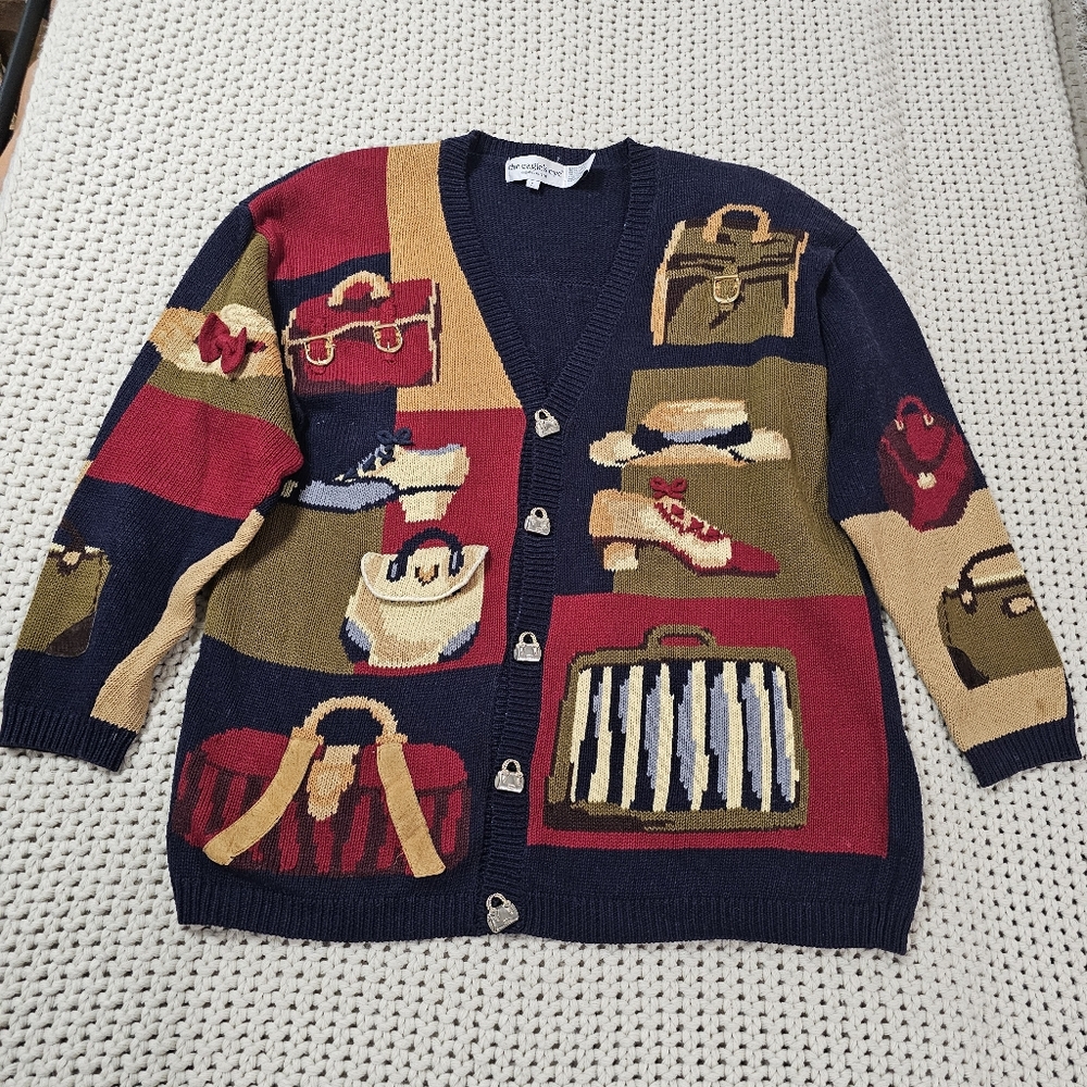 Eagles Eye Vintage Cardigan  Purse Shoe Print Buckle Sweater Womens Medium 90's